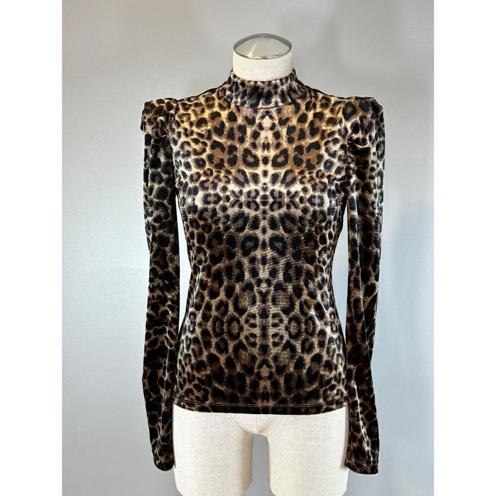 LINI Gillian Puff-Sleeve Velvet Top in Leopard Size XS